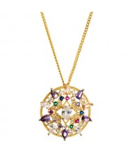 Colorful Rhinestone Decorated Hollow Round Pendant Hip-hop Style Copper Costume Necklace