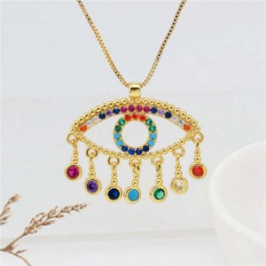 Colorful Rhinestone Embellished Creative Turkish Style Golden Eye Women Fashion Necklace