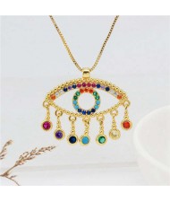 Colorful Rhinestone Embellished Creative Turkish Style Golden Eye Women Fashion Necklace