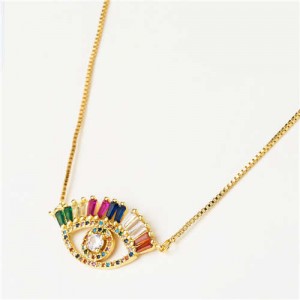 Western Fashion Colorful Rhinestone Eye Pendant Women Copper Necklace