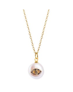 Eye Attached Pearl Pendant Gold Plated Women Costume Necklace