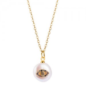 Eye Attached Pearl Pendant Gold Plated Women Costume Necklace