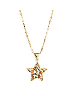 Colorful Rhinestone Embellished Golden Star Pendant Western Fashion Necklace