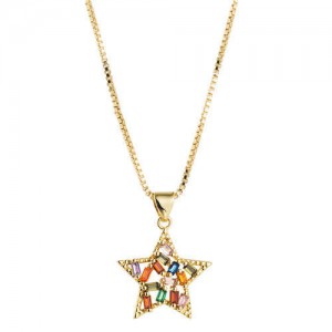 Colorful Rhinestone Embellished Golden Star Pendant Western Fashion Necklace