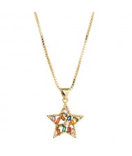 Colorful Rhinestone Embellished Golden Star Pendant Western Fashion Necklace