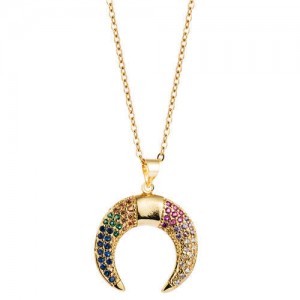 Colorful Rhinestone Embellished Moon Pendant Golden Hip-hop Fashion Necklace
