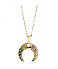 Colorful Rhinestone Embellished Moon Pendant Golden Hip-hop Fashion Necklace