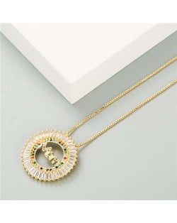 Mothers Day Gift High Fashion Round Pendant Women Golden Costume Necklace - Multicolor