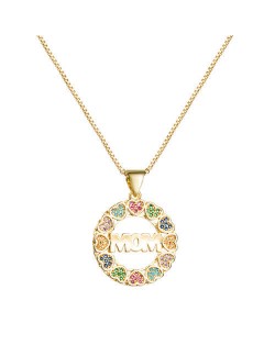 Gift to Mother Colorful Hearts Round Pendant High Fashion Golden Women Necklace
