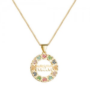 Gift to Mother Colorful Hearts Round Pendant High Fashion Golden Women Necklace