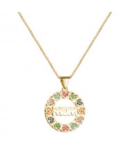 Gift to Mother Colorful Hearts Round Pendant High Fashion Golden Women Necklace