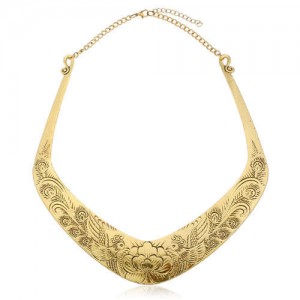 Folk Style Prosperous Engraving Flowers Design Women Bib Necklace - Vintage Golden