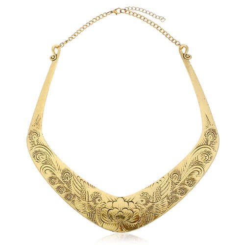 Folk Style Prosperous Engraving Flowers Design Women Bib Necklace - Vintage  Golden