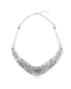 Folk Style Prosperous Engraving Flowers Design Women Bib Necklace - Vintage Silver