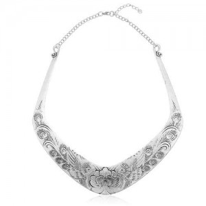 Folk Style Prosperous Engraving Flowers Design Women Bib Necklace - Vintage Silver