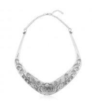 Folk Style Prosperous Engraving Flowers Design Women Bib Necklace - Vintage Silver