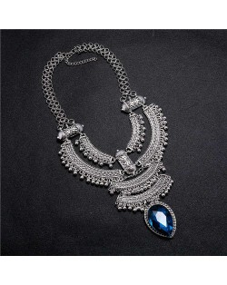 Vintage Engraving Flowers Multi-layer Western Fashion Women Bib Necklace - Silver