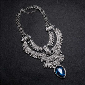Vintage Engraving Flowers Multi-layer Western Fashion Women Bib Necklace - Silver