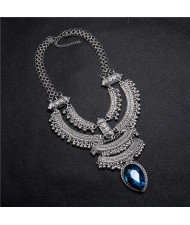 Vintage Engraving Flowers Multi-layer Western Fashion Women Bib Necklace - Silver