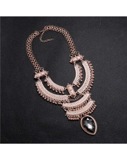 Vintage Engraving Flowers Multi-layer Western Fashion Women Bib Necklace - Rose Gold