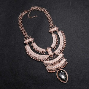 Vintage Engraving Flowers Multi-layer Western Fashion Women Bib Necklace - Rose Gold