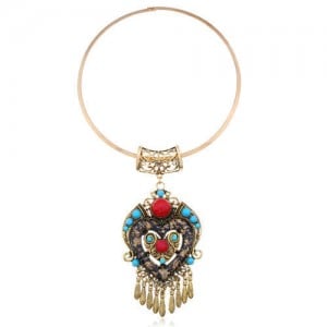 Bohemian Fashion Folk Style Heart Pendant Women Bib Statement Necklace - Golden
