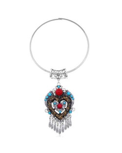 Bohemian Fashion Folk Style Heart Pendant Women Bib Statement Necklace - Silver