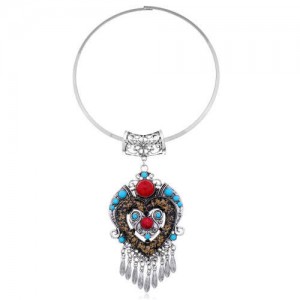 Bohemian Fashion Folk Style Heart Pendant Women Bib Statement Necklace - Silver
