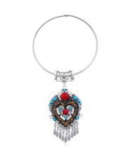 Bohemian Fashion Folk Style Heart Pendant Women Bib Statement Necklace - Silver