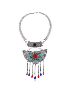 Turquoise Embellished Bold Butterfly Pendant Western Fashion Women Bib Necklace - Red