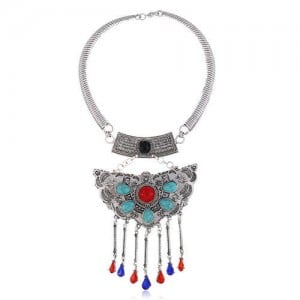 Turquoise Embellished Bold Butterfly Pendant Western Fashion Women Bib Necklace - Red