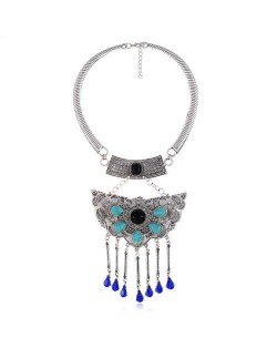 Turquoise Embellished Bold Butterfly Pendant Western Fashion Women Bib Necklace - Black