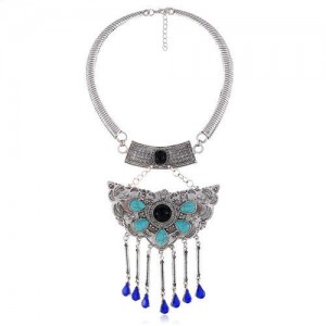 Turquoise Embellished Bold Butterfly Pendant Western Fashion Women Bib Necklace - Black