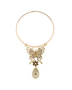 Butterfly and Waterdrop Combo Western Fashion Women Bib Statement Necklace - Vintage Golden