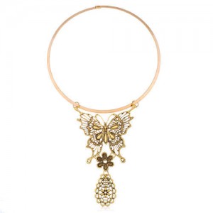 Butterfly and Waterdrop Combo Western Fashion Women Bib Statement Necklace - Vintage Golden