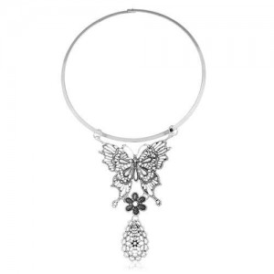 Butterfly and Waterdrop Combo Western Fashion Women Bib Statement Necklace - Vintage Silver