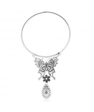 Butterfly and Waterdrop Combo Western Fashion Women Bib Statement Necklace - Vintage Silver