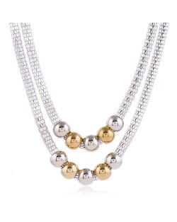 Mixed Colors Beads Dual Layers Design Western Fashion Women Costume Necklace - Silver