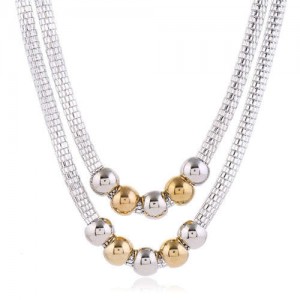Mixed Colors Beads Dual Layers Design Western Fashion Women Costume Necklace - Silver