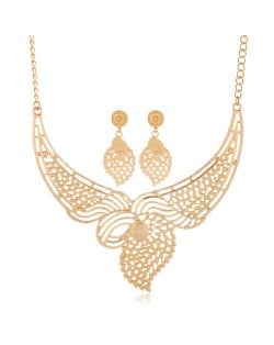 Hollow Design Leaves Inspired Aesthetic Design Golden Bib Statement Necklace and Earrings Set