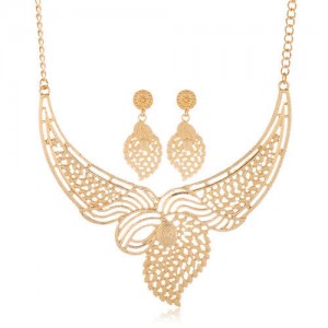 Hollow Design Leaves Inspired Aesthetic Design Golden Bib Statement Necklace and Earrings Set