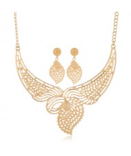 Hollow Design Leaves Inspired Aesthetic Design Golden Bib Statement Necklace and Earrings Set