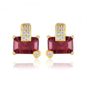 Oblong Ruby Gem Inlaid Gold Plated Vintage  Design 925 Sterling Silver Women Earrings