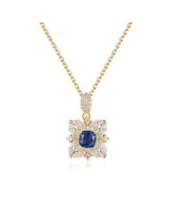 Blue Gem Inlaid Square Penndant 18K Gold Plated Royal Fashion 925 Sterling Silver Necklace