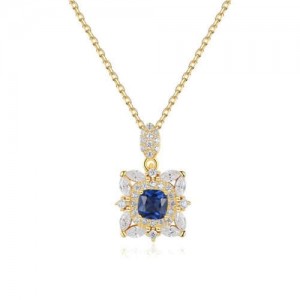 Blue Gem Inlaid Square Pendant 18K Gold Plated Royal Fashion 925 Sterling Silver Necklace
