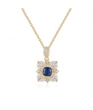 Blue Gem Inlaid Square Pendant 18K Gold Plated Royal Fashion 925 Sterling Silver Necklace