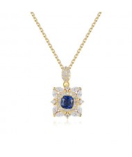 Blue Gem Inlaid Square Penndant 18K Gold Plated Royal Fashion 925 Sterling Silver Necklace