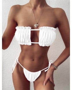 Hollow Style Pleated Fashion Women Split Bikini Swimsuit - White