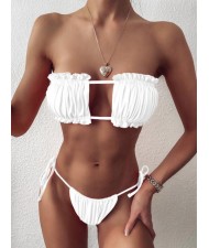 Hollow Style Pleated Fashion Women Split Bikini Swimsuit - White