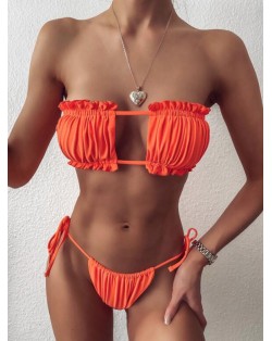 Hollow Style Pleated Fashion Women Split Bikini Swimsuit - Orange